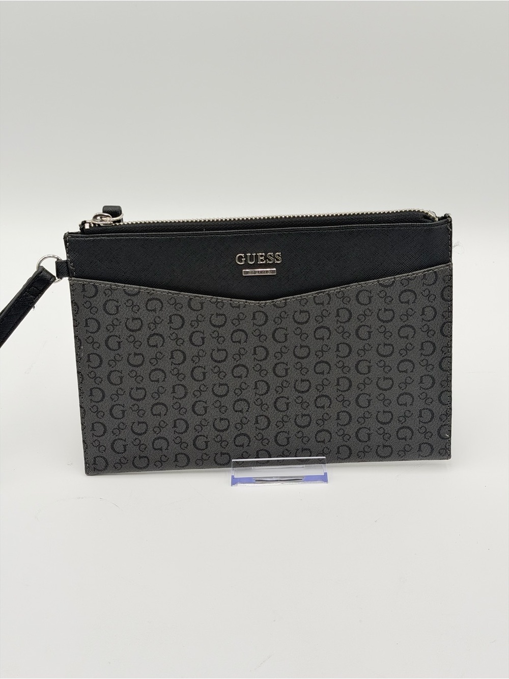 GUESS Gray Black Monogram Wristlet Zip Clutch